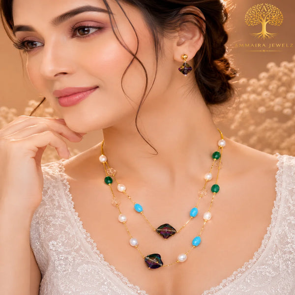 Celestia Luxe Gold Crystal & Pearl Mala Set with Earrings
