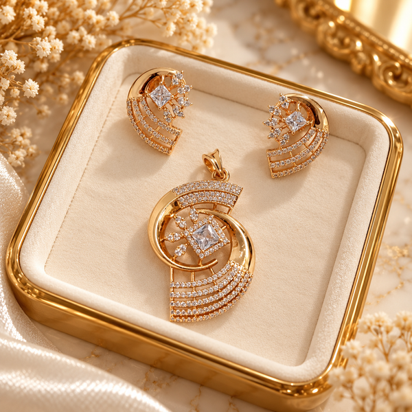 Rose gold American diamond pendant set featuring an open circular design, square clear centre stone, curved sparkling bands and matching statement earrings.