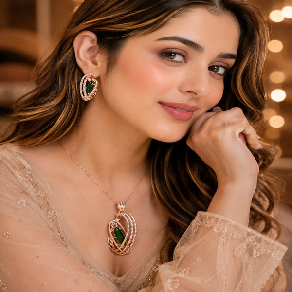 Celestine Glow American Diamond pendant set for women with green and purple colour options in 18K rose gold polish