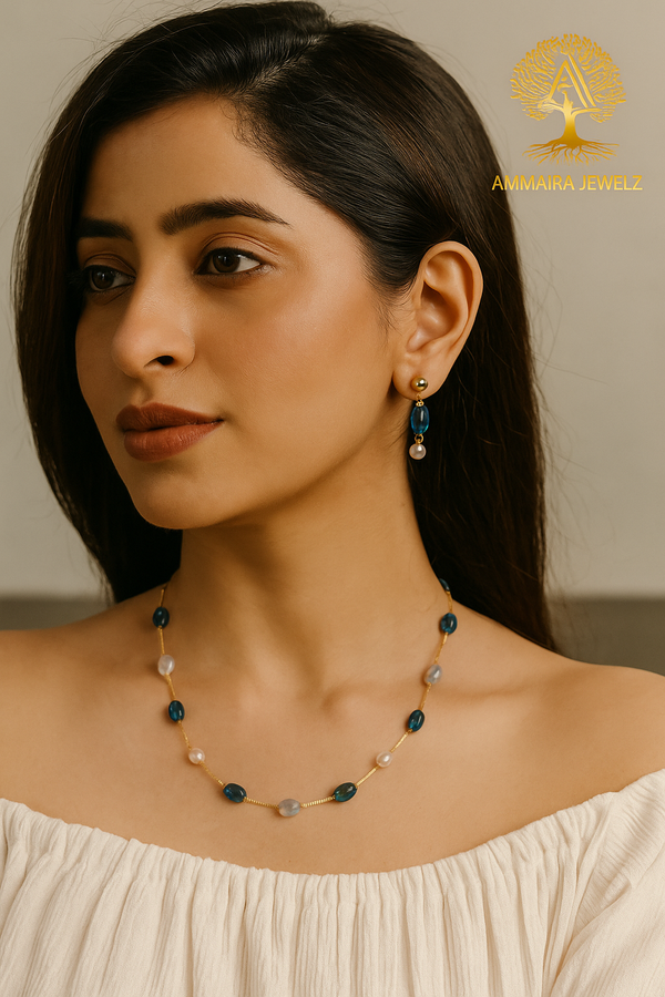 Ammaira's Fancy High Gold Polish Teal Crystal Mala Chic Set