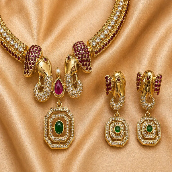 Divine Gajmukha Temple Matte Rose Gold Necklace Set with Ruby & Emerald Accents