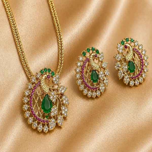 Divine Mayura Temple Matte Rose Gold Necklace Set with Emerald Elegance