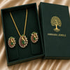 Divine Mayura Temple Matte Rose Gold Necklace Set with Emerald Elegance