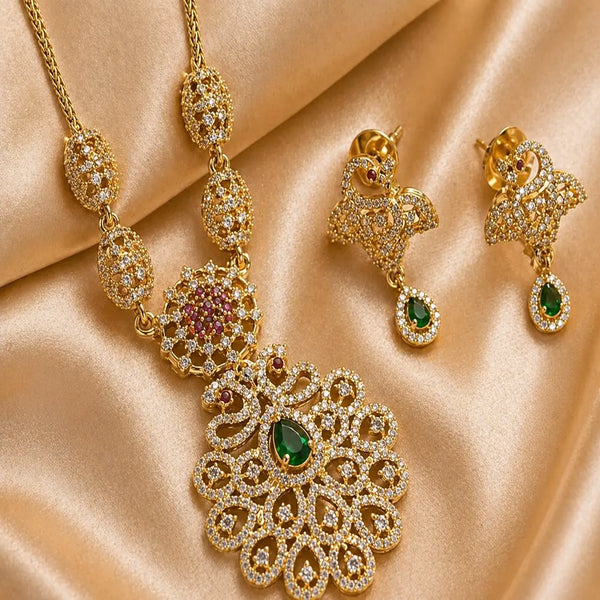 Divine Mayura Valli Temple Matte Rose Gold Necklace Set with Emerald Grace