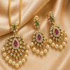 Divine Padma Jyoti Temple Matte Rose Gold Necklace Set with Ruby & Pearl Drops