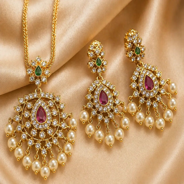 Divine Padma Jyoti Temple Matte Rose Gold Necklace Set with Ruby & Pearl Drops