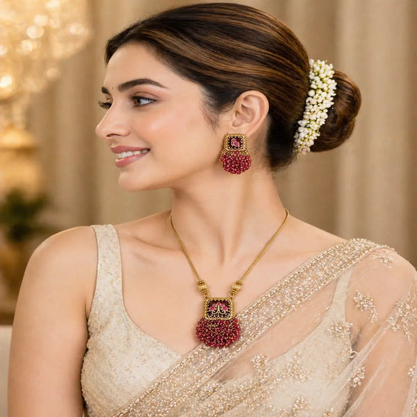 Divine Raktambara Temple Matte Rose Gold Necklace Set with Ruby Bead Tassels