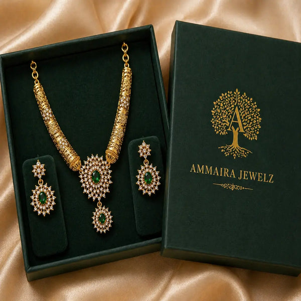 Divine Surya Prabha Temple Matte Rose Gold Necklace Set with Emerald Center