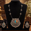 Antique oxidised Radha Krishna necklace set with black thread detailing, statement pendant and matching dangler earrings for women.
