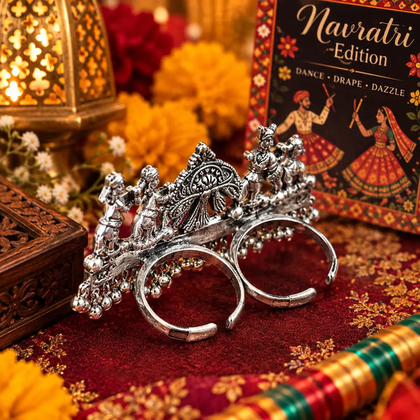 Doli Baraat Heritage alloy oxidized two-finger ring for women with traditional procession-inspired detailing and hanging bead accents