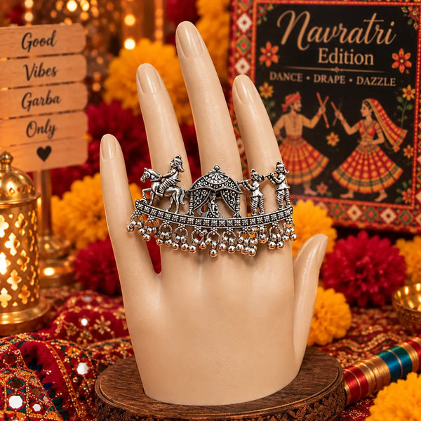 Doli Baraat Heritage alloy oxidized two-finger ring for women with traditional procession-inspired detailing and hanging bead accents