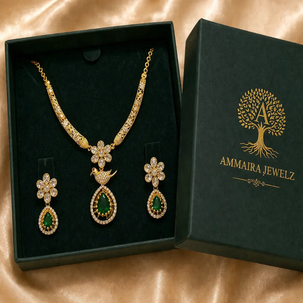 Elegant Matte Rose Gold American Diamond Peacock Necklace Set with Emerald Drop