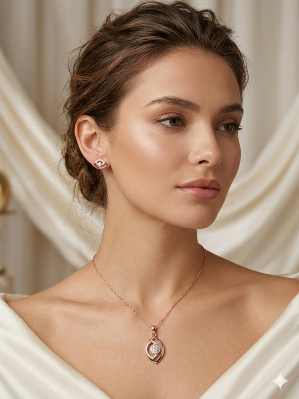 Elegant Rose Gold Polish Crystal Pendant and Stud Earrings Jewelry Set
