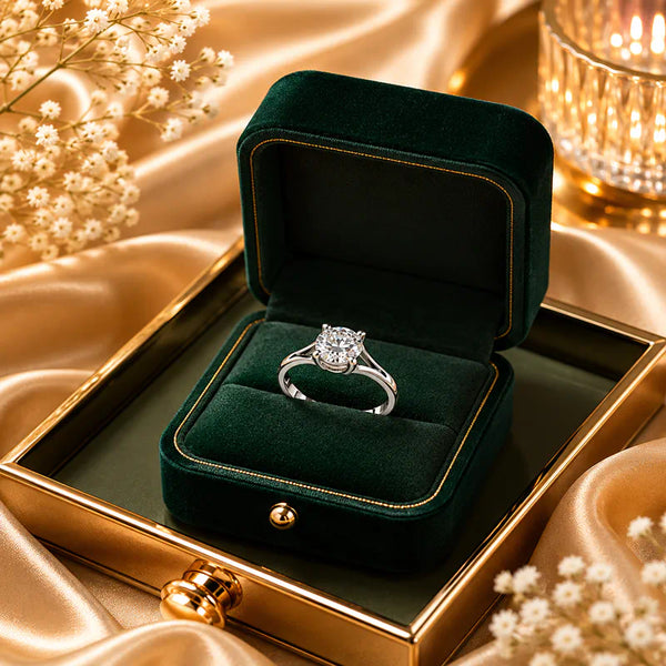 Elegant silver plated solitaire finger ring with a sparkling round crystal displayed in luxury jewelry boxes and worn by a stylish woman.
