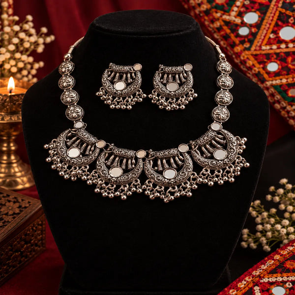 Oxidised German silver elephant motif necklace set for women with matching Jhumka earrings for Navratri