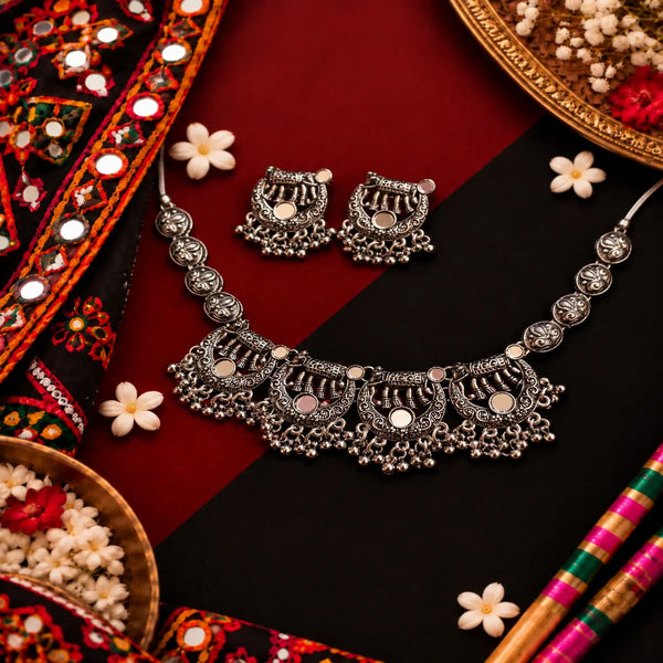 Oxidised German silver elephant motif necklace set for women with matching Jhumka earrings for Navratri