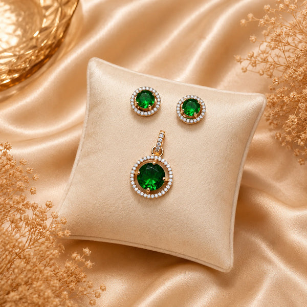 Luxury rose gold emerald green American Diamond halo pendant and stud earrings set for women
