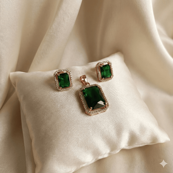Emerald Green Radiant Cut AD Rose Gold Set | Ammaira Ammaira Jewelz