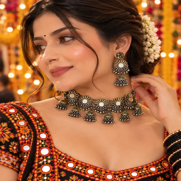 Floral jhumka oxidised necklace set with intricate motifs and dangling bead details for women