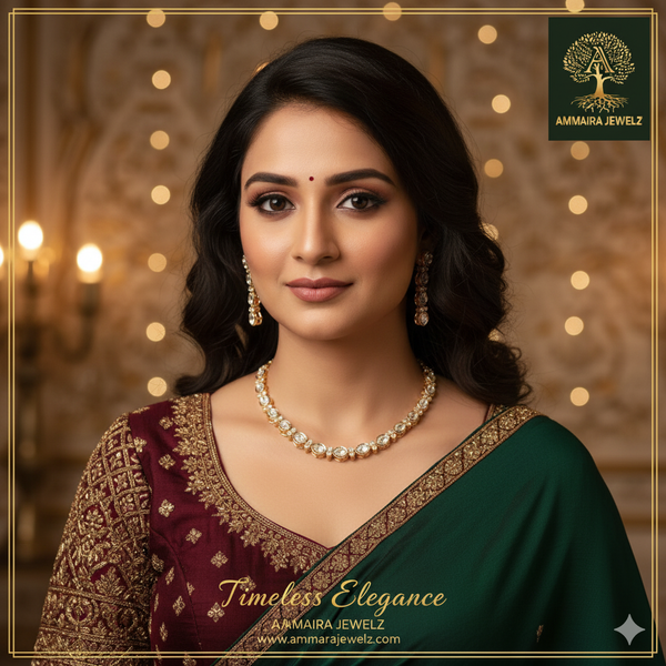 Ammaira's Timeless Elegance SIngle Line Kundan Polki Necklace Set