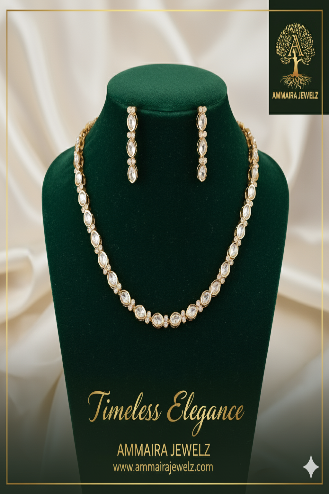 Ammaira's Timeless Elegance SIngle Line Kundan Polki Necklace Set