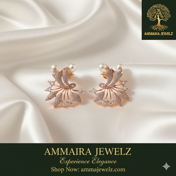 Ammaira's The Petal Pearl Studs: Rose Gold & Diamond Bloom Earrings
