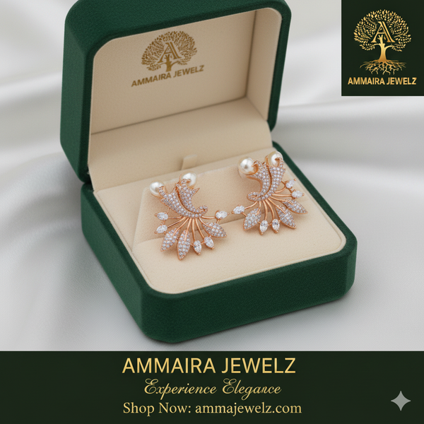 Ammaira's The Petal Pearl Studs: Rose Gold & Diamond Bloom Earrings