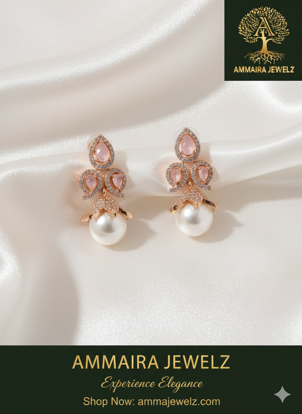 Ammaira's Rose Gold Lustre Grace Earrings with Pearl Drop (Pink)