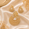 Luxury gold American Diamond pendant set without chain featuring a pear-cut centre stone with matching designer earrings in a premium gold finish.