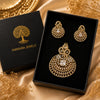 Luxury gold American Diamond pendant set without chain featuring a pear-cut centre stone with matching designer earrings in a premium gold finish.