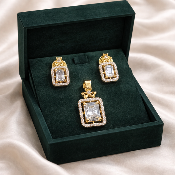 Gold Rectangular Diamond Pendant & Stud Earrings Set | Ammaira Jewelz