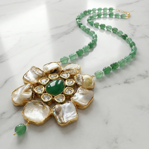 Green Beaded Floral Pendant Necklace with MOP | Ammaira Jewelz