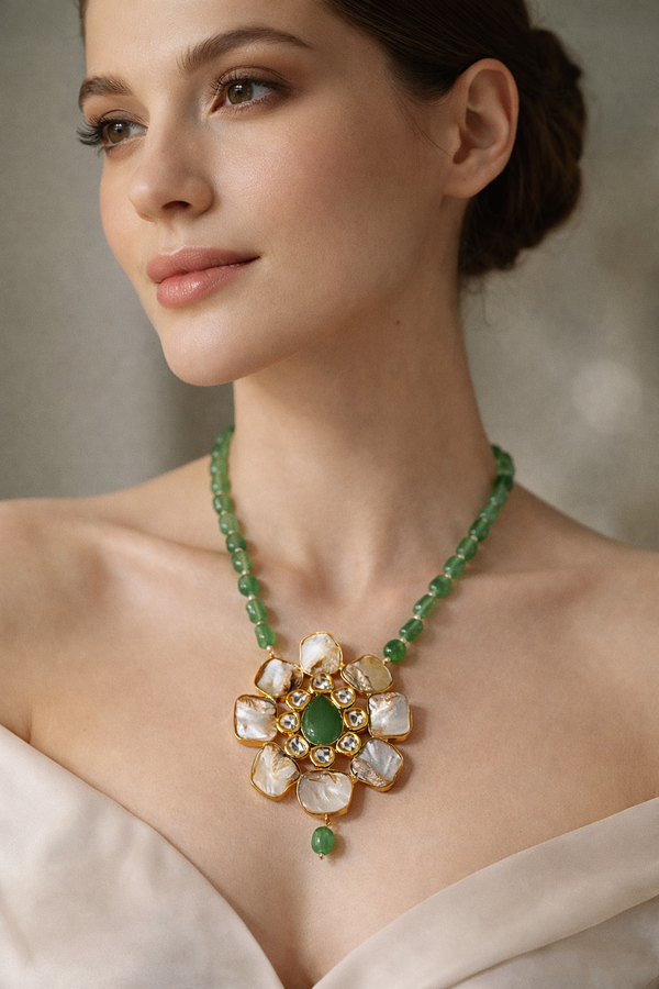 Green Beaded Floral Pendant Necklace with MOP | Ammaira Jewelz