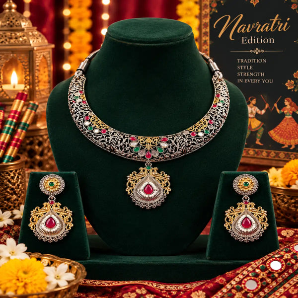 Handcrafted oxidised silver necklace set for women featuring multicolor stones and matching chandelier earrings.
