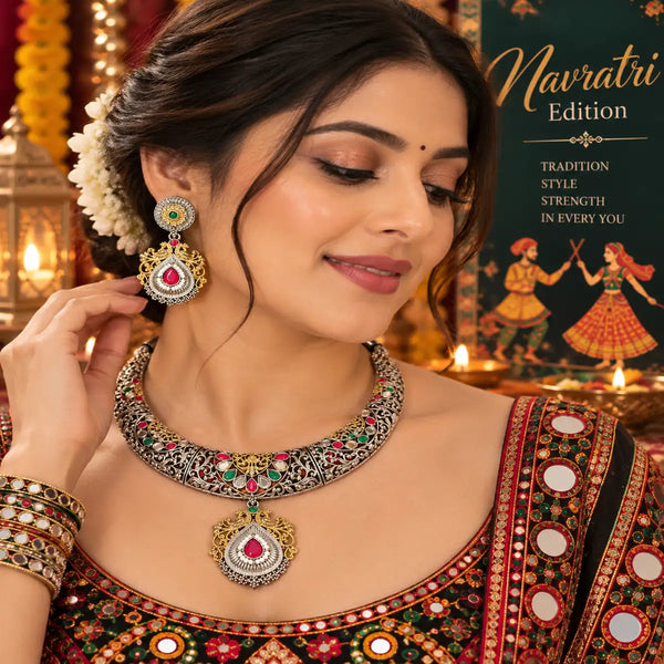Handcrafted oxidised silver necklace set for women featuring multicolor stones and matching chandelier earrings.
