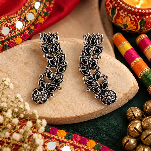 Iraja lightweight oxidized alloy floral ear cuff earrings with leaf-inspired detailing for women, suitable for Navratri festive wear.