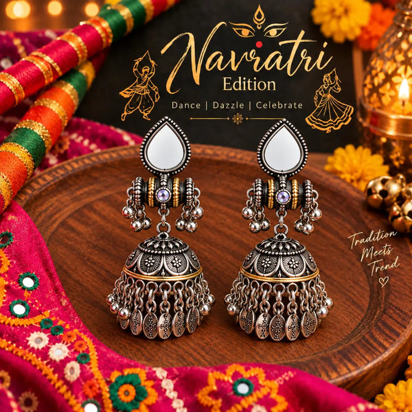 Two-tone oxidized mirror-work jhumka earrings for women featuring teardrop-shaped mirror accents, intricate traditional detailing and festive Navratri styling.