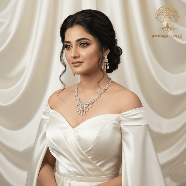 Lunar Arch rose gold necklace set with curved central motif and cascading diamond-inspired stones, paired with matching earrings, displayed on a cream jewellery stand with a soft satin backdrop.