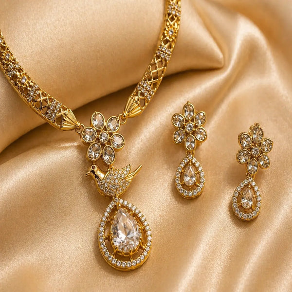 Luxury Matte Rose Gold American Diamond Peacock Necklace Set with Crystal Drop