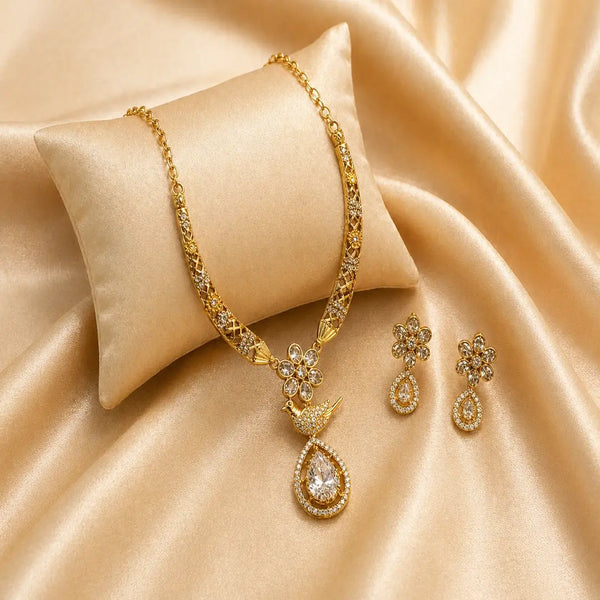 Luxury Matte Rose Gold American Diamond Peacock Necklace Set with Crystal Drop