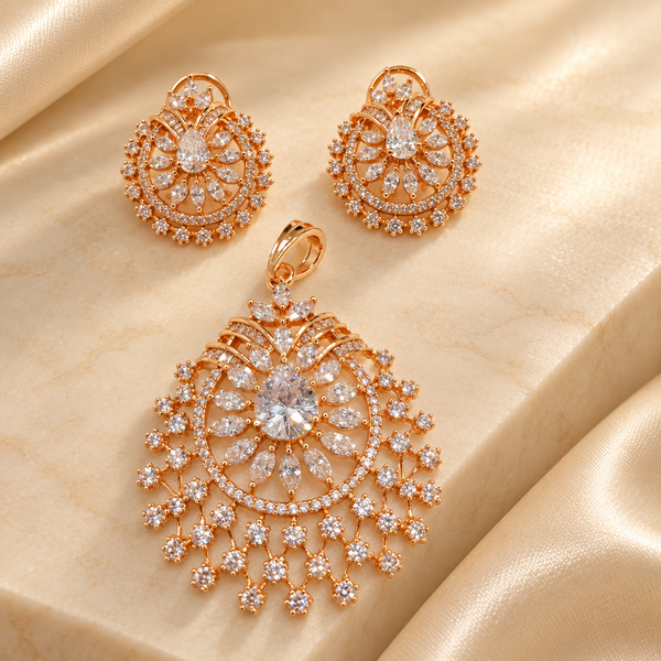 Rose gold American diamond pendant set in premium brass featuring a marquise stone design, ornate circular pendant and matching statement earrings.