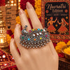 Mayurika peacock dual-finger ring for women with oxidised detailing, colourful accents and traditional Indian-inspired design