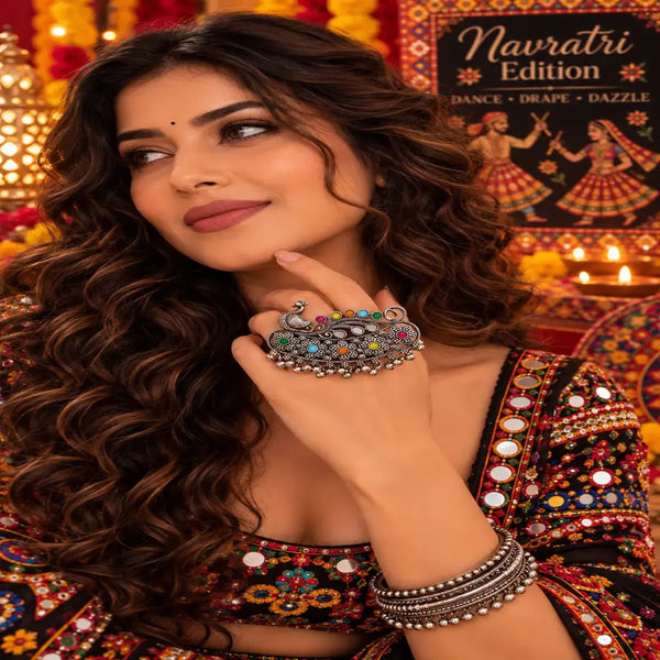 Mayurika peacock dual-finger ring for women with oxidised detailing, colourful accents and traditional Indian-inspired design