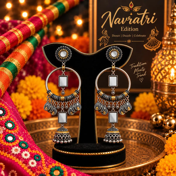 Two-tone oxidized alloy mirror-work fusion earrings for women featuring circular hoops, rectangular mirror accents and traditional jhumka-inspired drops.
