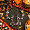 Meher Rang lightweight oxidized alloy jhumka earrings with multicolour stones and ear cuffs for Navratri festive wear.