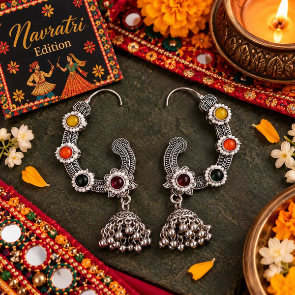 Meher Rang lightweight oxidized alloy jhumka earrings with multicolour stones and ear cuffs for Navratri festive wear.
