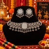 Antique silver-tone oxidized mirrorwork statement choker necklace set for women with ghungroo drops and matching mirrorwork earrings.