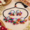 Multicolor threadwork oxidised necklace set with embroidered round motifs, colourful beads and matching earrings