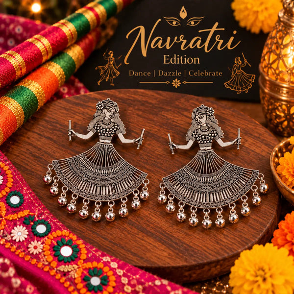 Oxidized German silver mirror work dancing woman dangler earrings for women with intricate traditional patterns and festive Navratri styling.