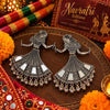 Oxidized German silver mirror work dancing woman dangler earrings for women, featuring intricate traditional design and festive Navratri styling.